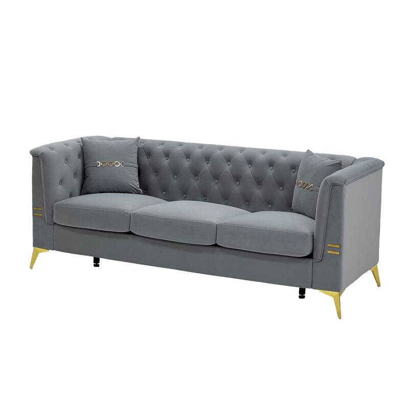 Modern Tufted Velvet Sofa, 82.67" Mid-Century 3-Seater Couch with Gold Metal Legs & Pillows, Elegant Chesterfield-Style Sofa