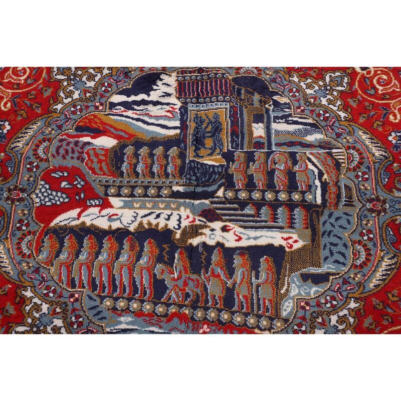 Red Pictorial Animals Kashan Turkish Area Rug Machine Made Carpet - 9'7" x 13'2"