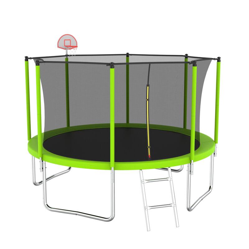 12FT Trampoline Green for Kids & Adults with Basketball Hoop and Ball ,Recreational Trampolines with Safety Enclosure