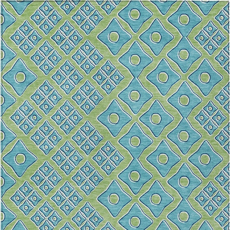 Artichoke Green And Aqua Geometric Washable Indoor Outdoor Area Rug - 3' x 5'