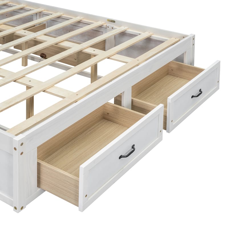Queen Size Platform Bed Frame with 6 Built-In Storage Drawers, No Headboard, Low Profile Design in Antique