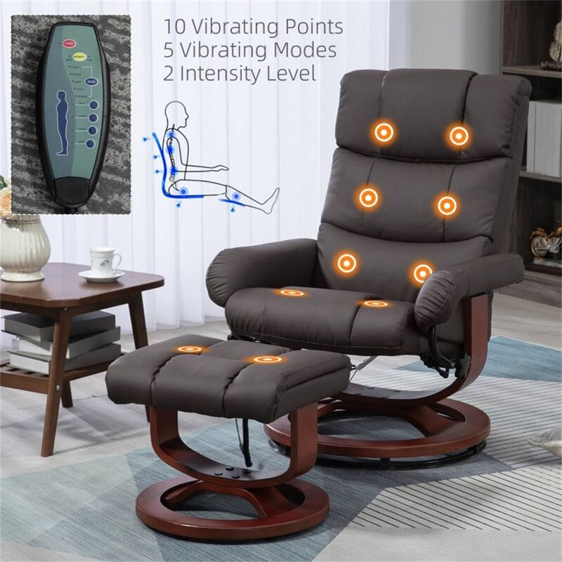PU Leather Massage Recliner Chair Including Ottoman with Swivel Base and Adjustable Vibration - 28.75" W x 33" D x 40.25" H