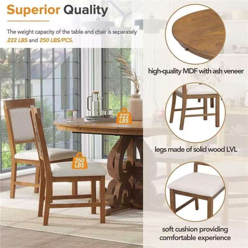 Carved Hollowed Dining Table Legs, 5-Piece Extendable Dining Table Set, Round (42'') to Oval (58''), 4 Linen Cushions Chairs