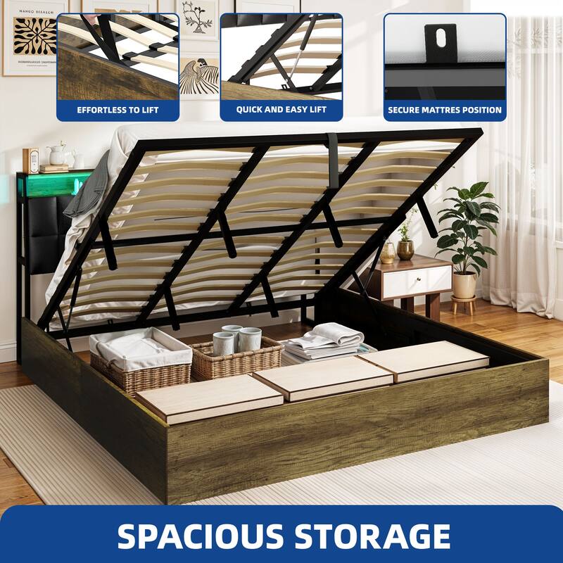 Moasis Lift-Up Storage Bed Frame with Charging Station & Storage Headboard