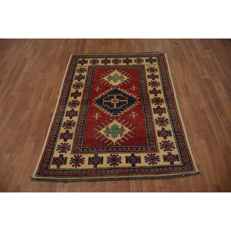 Hand Knotted Oriental 100% Wool Carpet Traditional Geometric Red Kazak Area Rug - 4' 11'' X 3' 8''