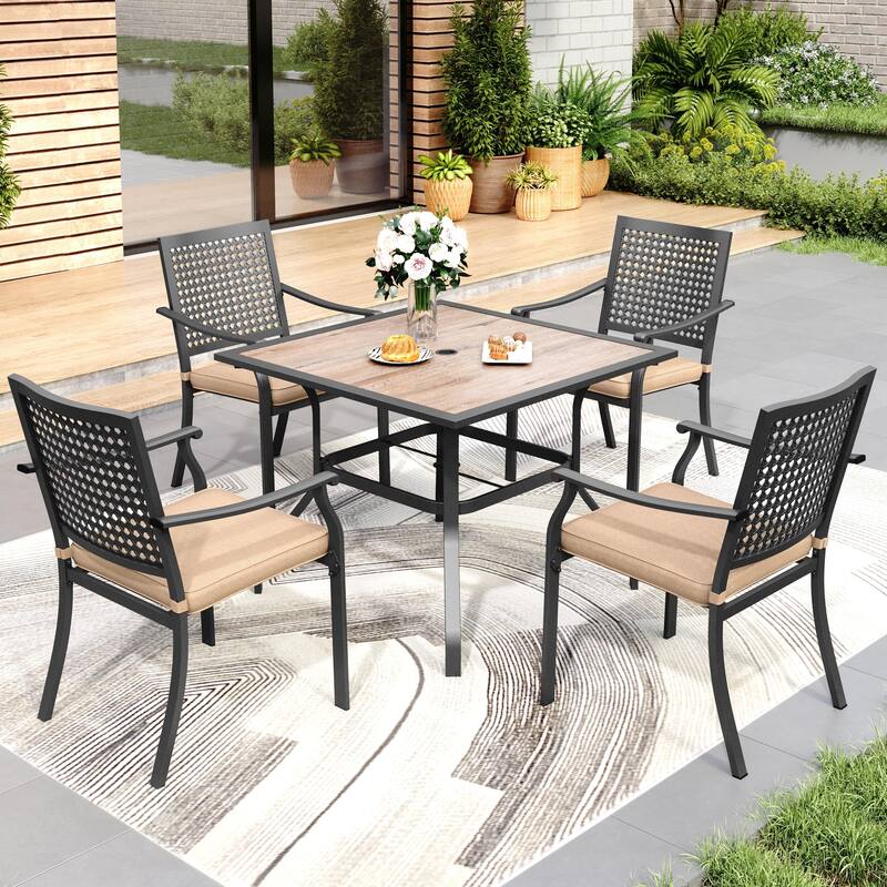 5-Piece Patio E-coating Dining Set of 4 Stackable Chairs & 1 Umbrella Hole Metal Table - Type A