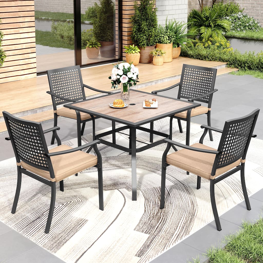 5-Piece Patio E-coating Dining Set of 4 Stackable Chairs & 1 Umbrella Hole Metal Table