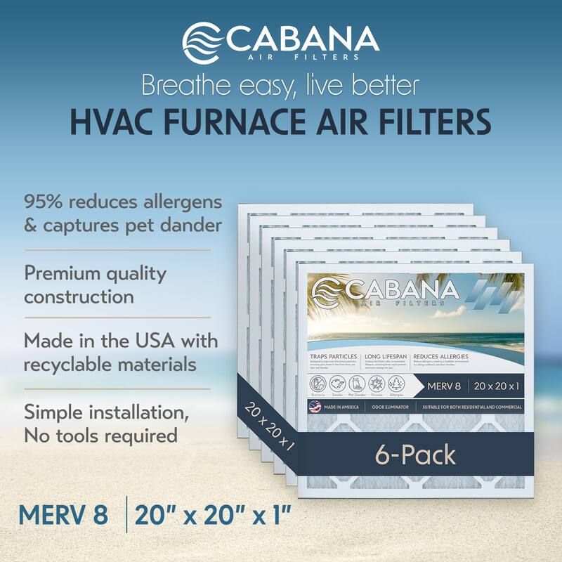 Cabana Air Filters 6 Pack HVAC Furnace Air Filters, MERV 8, 20 x 20 x 1, White - 0.69