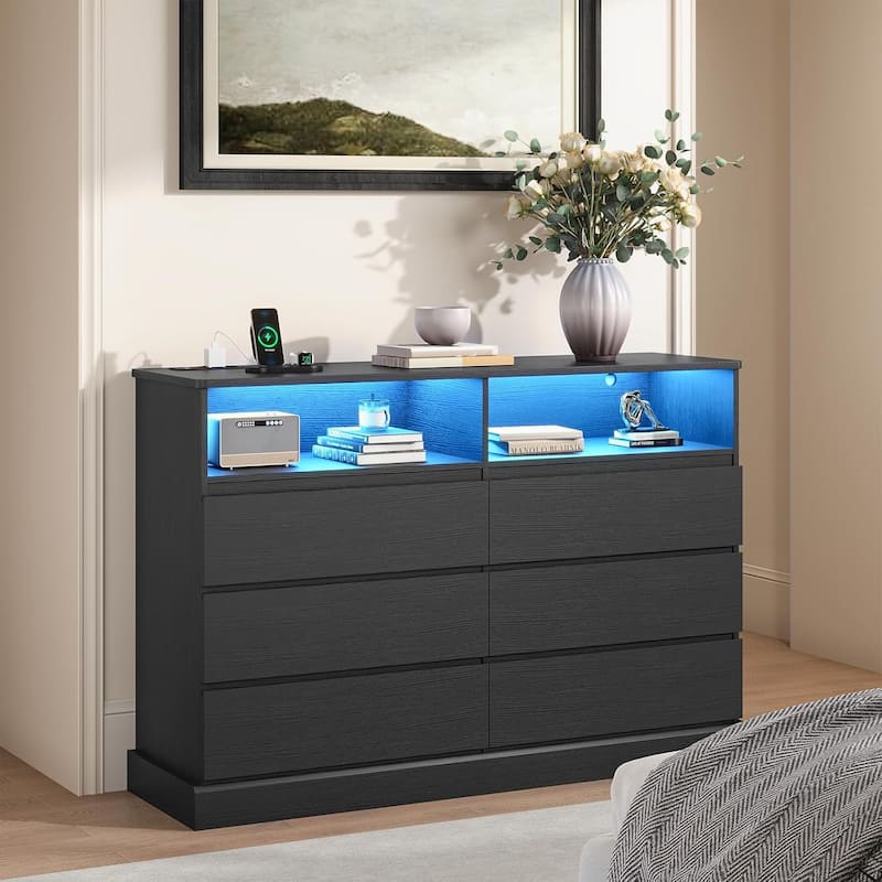 Bedroom Dresser Charging Station Storage Drawers Chest of Drawers - Black - 6-drawer