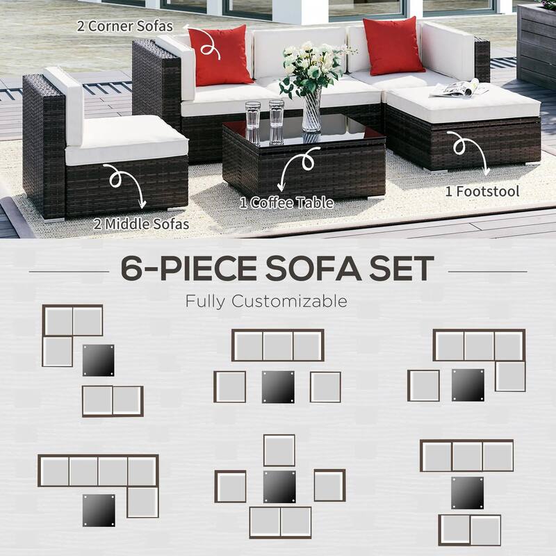 6PCS Weatherproof PE Rattan Patio Set, Sectional Storage Ottoman