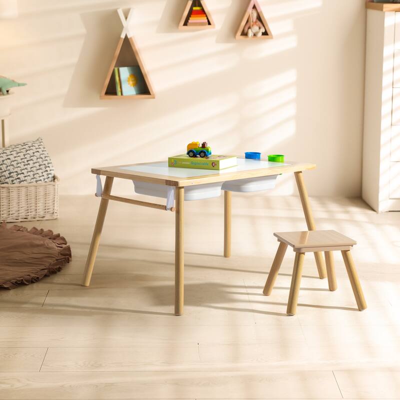 Kids Wooden Sensory Table with Stool and Storage Bins Natural Pine Activity Table for Arts Crafts Learning and Play