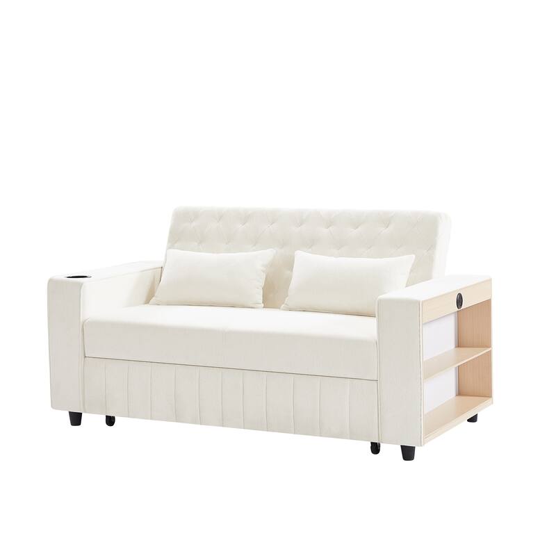 61.41" Chenille Convertible Sofa Bed with Adjustable Backrest, USB & Cup Holders