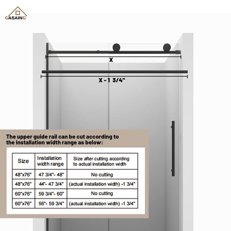 CASAINC 48 in. W x 76 in. H Sliding Frameless Shower Door with Tempered Glass
