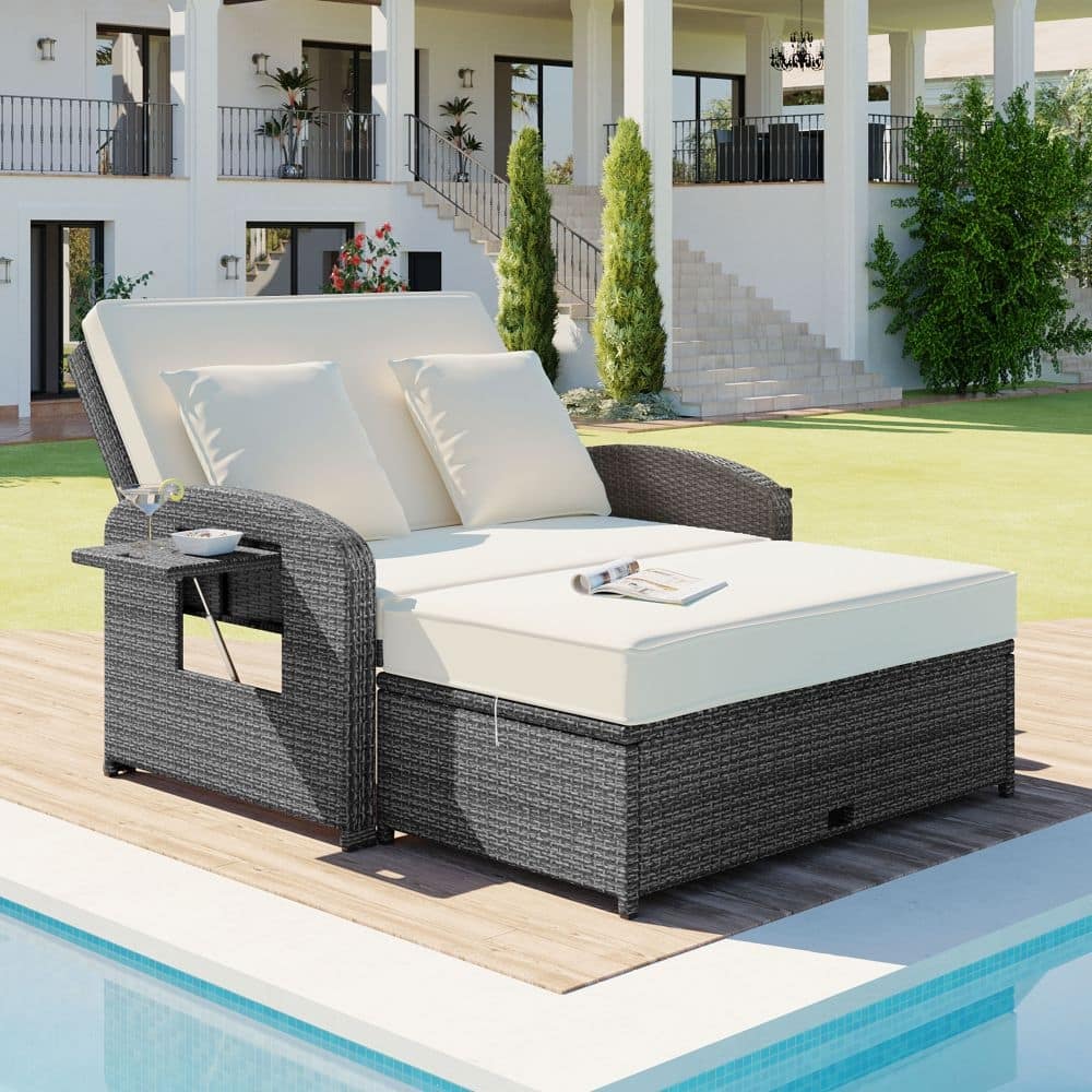 PE Wicker Rattan Double Chaise Lounge 2-Person Reclining Daybed,Free Rain Cover