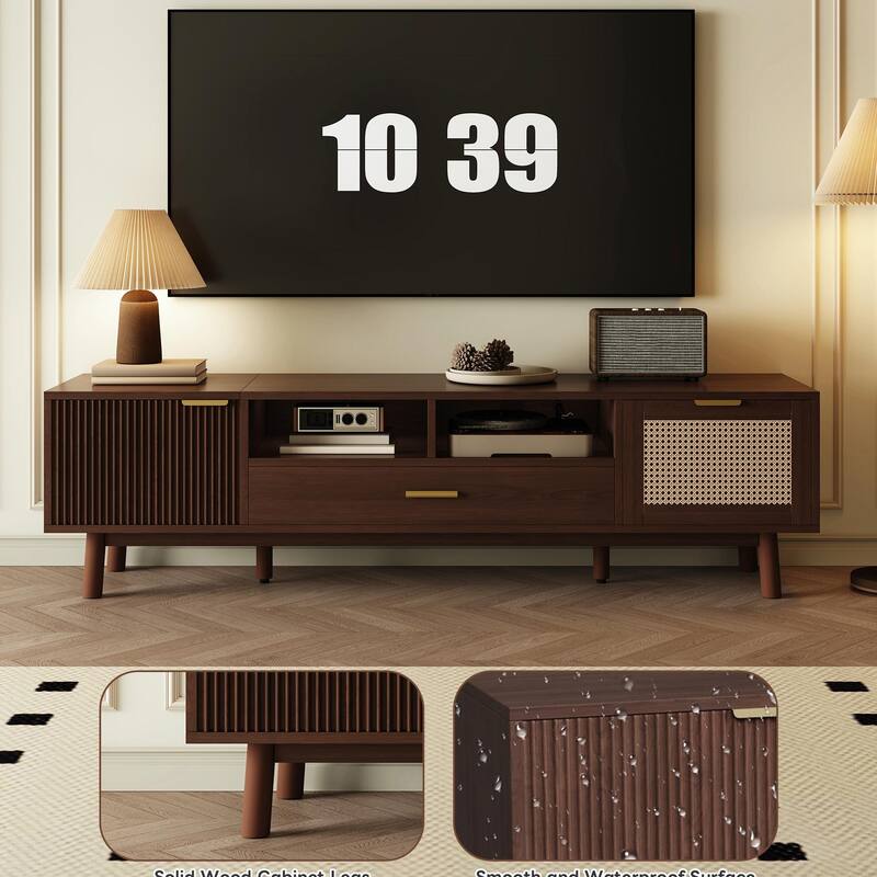 75" Wood TV Stand with Soft-Close Doors & Rattan Drawers
