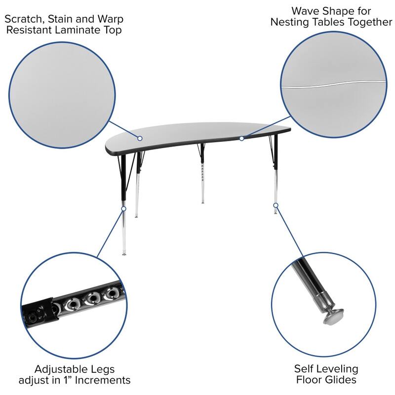 60" Half Circle Wave Collaborative Grey Adjustable Height Activity Table