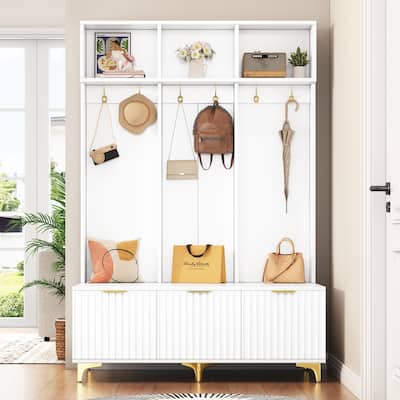 Modern Storage Hall Tree with Bench, Multi-functional Bench with High Gloss Fluted Doors, Luxurious Coat Rack with 6 Gold Hooks