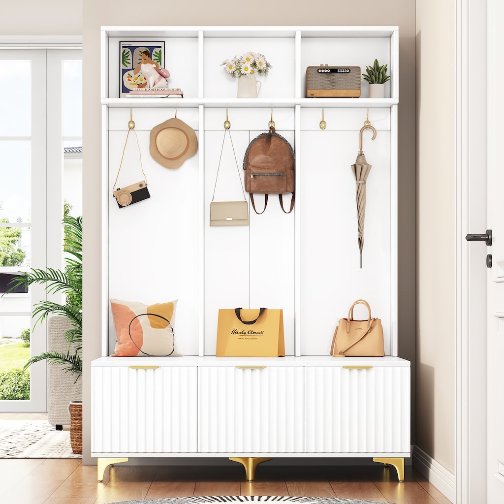 Modern Storage Hall Tree with Bench, Multi-functional Bench with High Gloss Fluted Doors, Luxurious Coat Rack with 6 Gold Hooks