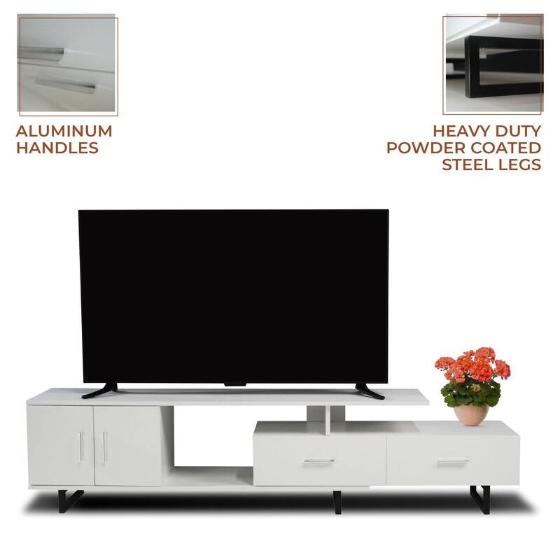 Avery 55 Inch Modern TV Stand with Steel Base, 2 Drawers, and Open Shelves - Entertainment Console for Living Room or Bedroom