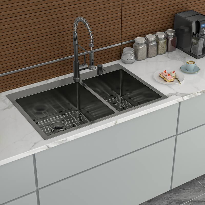 33" Drop-In 16 Gauge Double Bowl Stainless Steel Kitchen Sink in Gunmetal Black - 33'' x 22'' x 10''