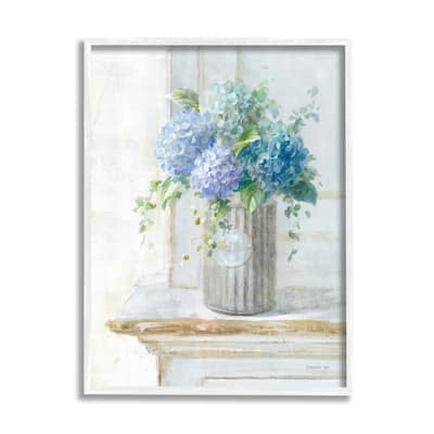 Stupell Blue Hydrangea Bouquet Country Milk Tin Floral Painting Framed Wall Art