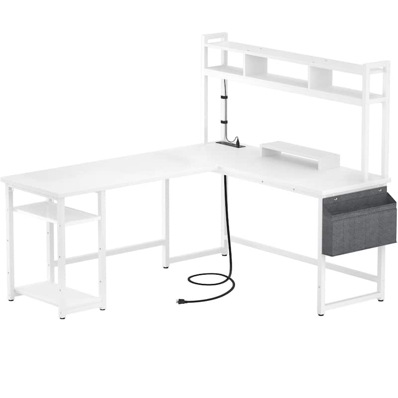 L-Shape Gaming Desk Wood Office Computer Table with Hutch and USB Port - White