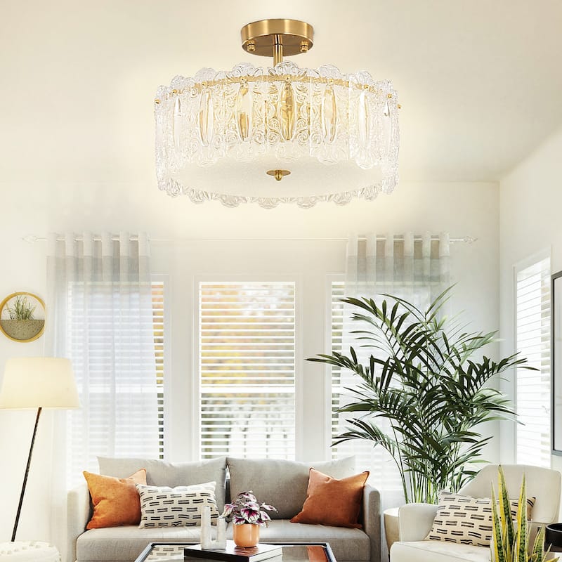 Brass Modern Crystal Semi Flush Mount Ceiling Light for Living Room, Bulbs Included