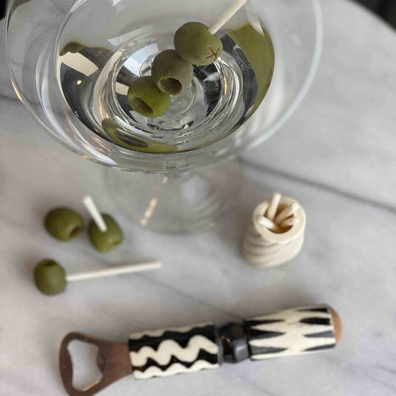 Hand-carved Bar Kit Cocktail Picks with Jar & Bottle Opener, Natural Bone