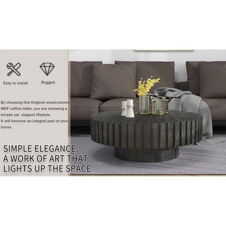 GDFStudio - Norwyn Minimalist Aesthetics Round Coffee Table with Sturdy Base and Handcrafted Relief Carving - 31.5"W