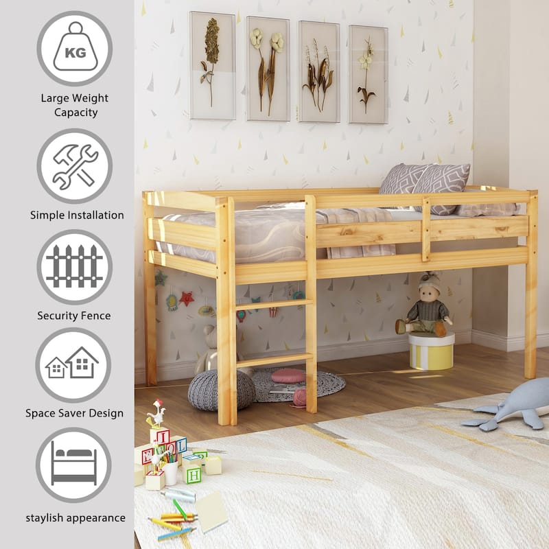 Twin Wood Low Loft Bed with Ladder, Solid Pine Frame Loft Bed for Kids, Space-Saving Design, No Box Spring Needed