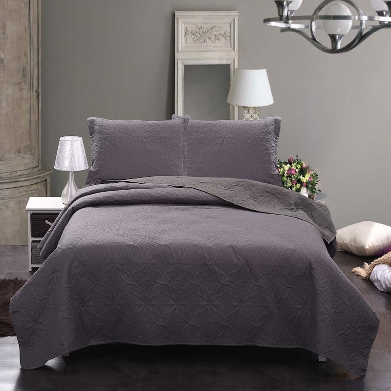 3-piece Fashionable Solid Embossed Quilt Set Bedspread Cover - Grey flower - Queen