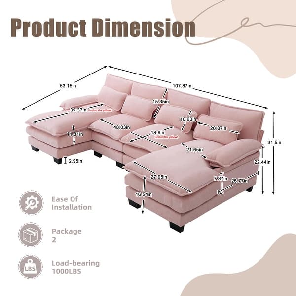 dimension image slide 2 of 7, HOMEFUN Chenille Upholstered U-Shaped Modular Wood Frame Sleeper Sectional Sofa with Double Chaise