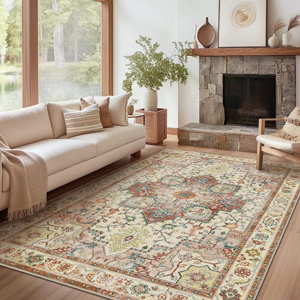 Mcow Neutral Floral Low Pile Machine Washable Non-Slip Area Rug - 8'X10'