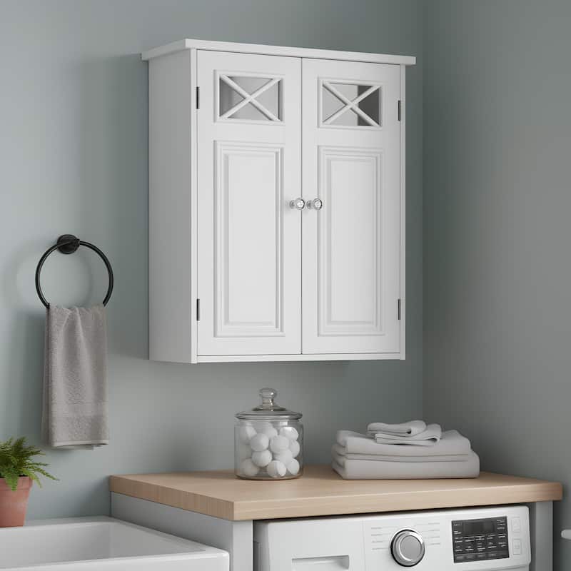 Teamson Home Dawson 2-Door White Bathroom Wall Cabinet, Removable Glass Panel, Adjustable Shelf, Cross Molding Storage - White