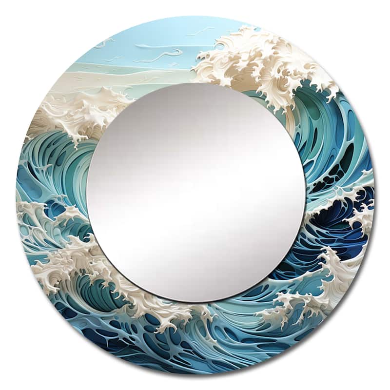 Designart "Blue Kinetic Waves I" Nautical & Beach Round Mirror For Wall Decor - Nautical & Coastal Teal Bedroom Mirror