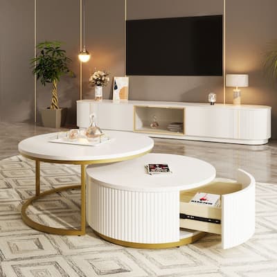 31.5" Round Nesting Coffee Table Fluted with Drawer