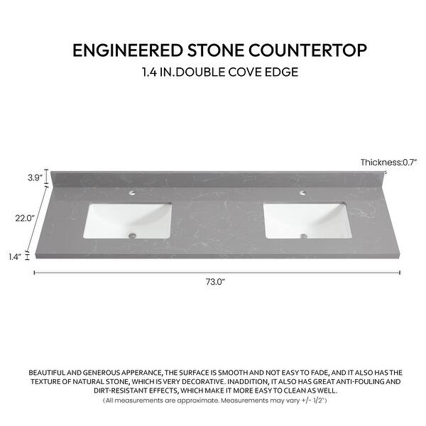 dimension image slide 11 of 22, Malaga Composite Stone Vanity Top with White Rectangular Sink