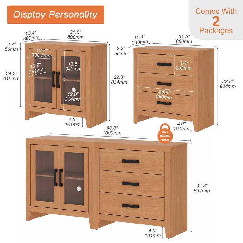 WAMPAT Farmhouse Buffet Cabinet, 2-Piece Sideboard with Glass Door & Storage Drawers for Kitchen