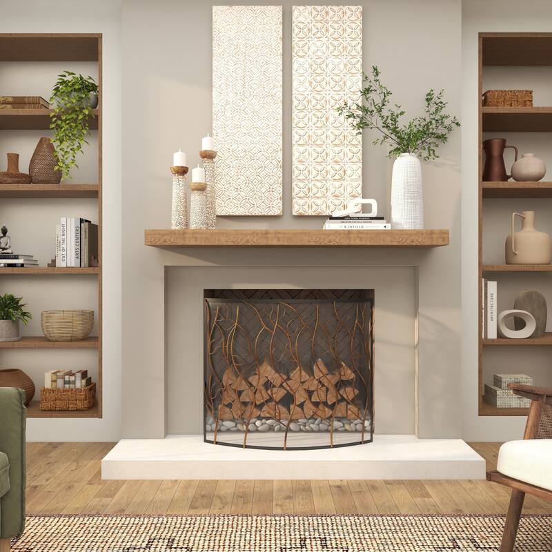 Brass Metal Branch Single Panel Tree Fireplace Screen with Mesh Netting