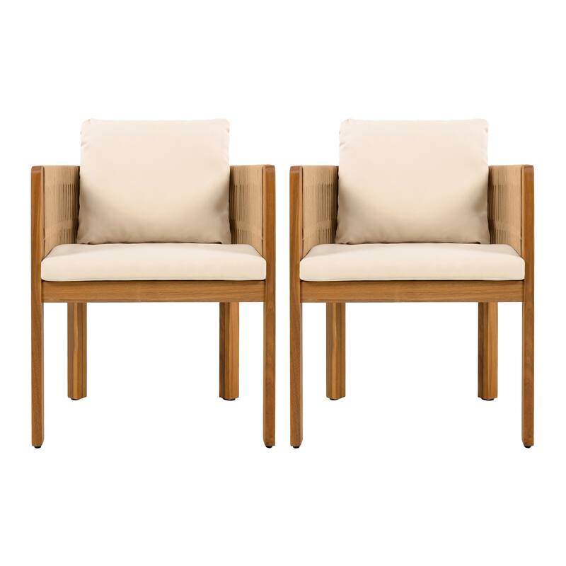 Acacia Wood Outdoor Dining Chairs 2-Pack with Rope Handles, Washable Waterproof Cushions, 400 lbs Capacity