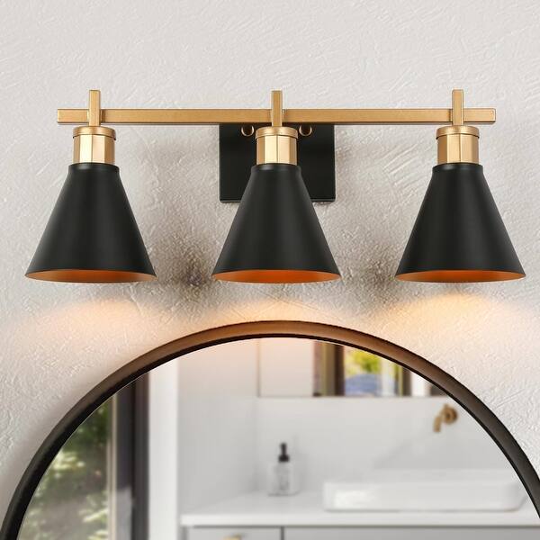 slide 2 of 21, 1/2/3/4-Light Modern Black Gold Bathroom Vanity Lights Linear Metal Wall Sconces for Powder Room 3-Light - Black and Gold