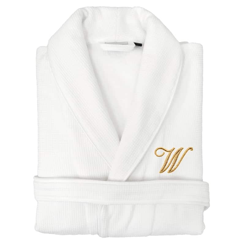 Authentic Hotel and Spa Unisex Gold Monogrammed Turkish Cotton Waffle Weave Terry Bath Robe - S/M - W