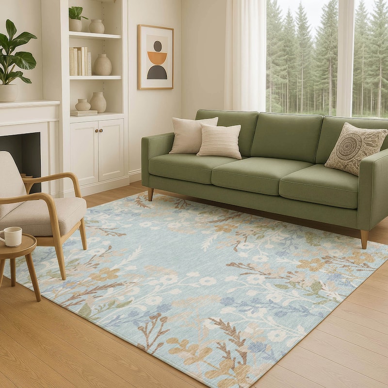 Machine Washable Indoor/ Outdoor Floral Border Chantille Rug