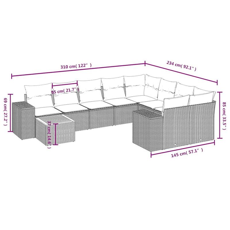 vidaXL Patio Sofa Set with Cushions Outdoor Furniture 10 Piece Poly Rattan - 24.4x 24.4x 27.2