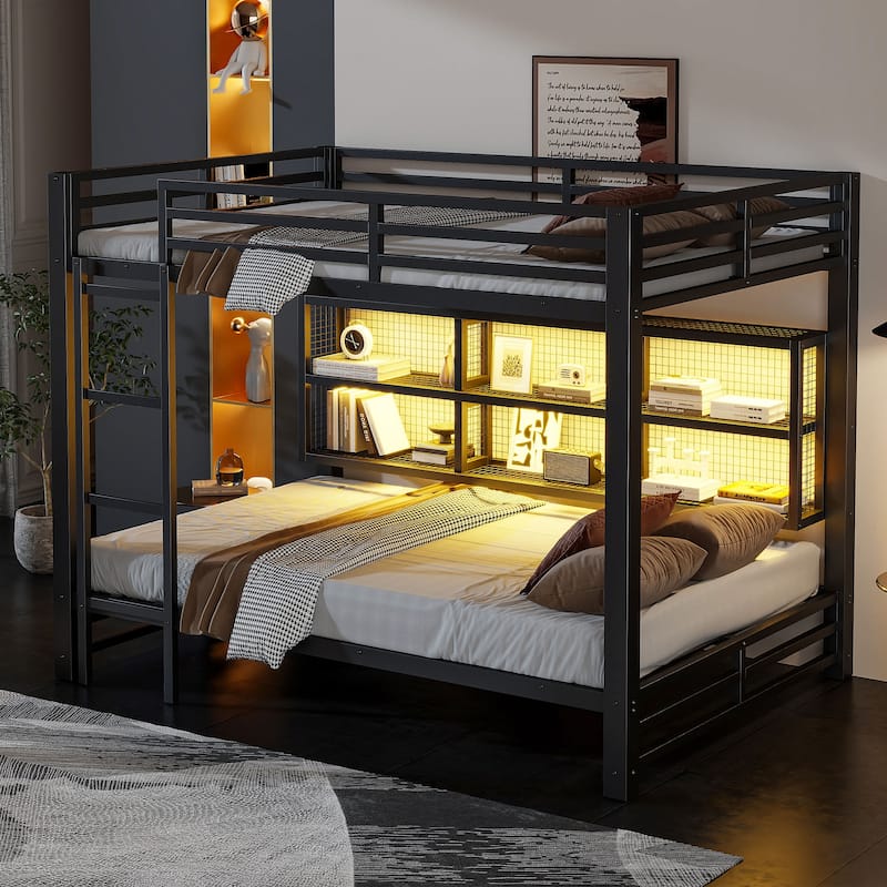 GDFStudio - Metal Queen Bunk Bed with Storage, LED Lighting & Space-Saving Design - Black - Queen