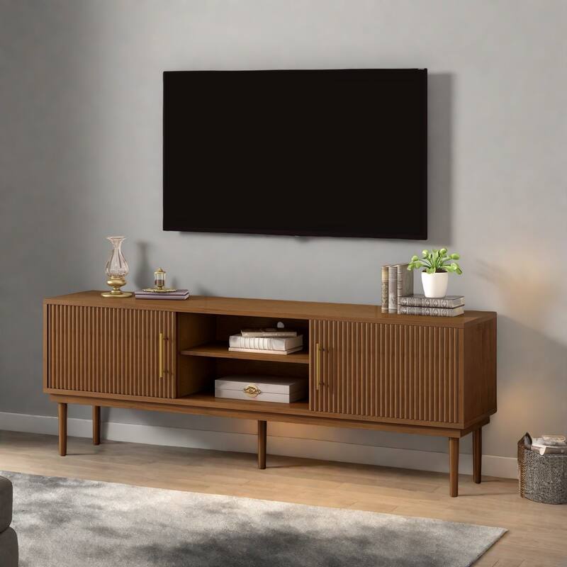 74.9"Modern TV Stand with Vertical Striped Sliding Doors - Space-Saving Media Console with Stylish Storage - Brown