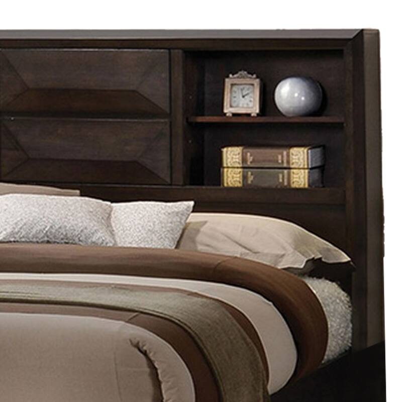 Costa King Size Bed, Bookcase Headboard, 2 Drawers, Dark Brown Solid Wood