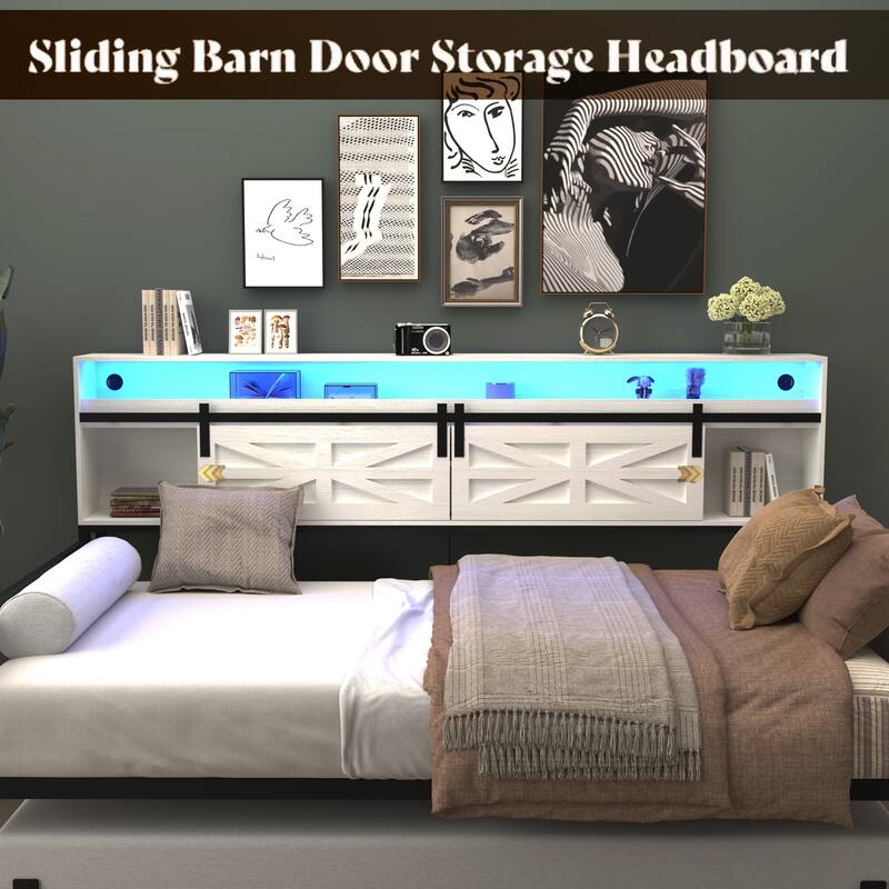 Farmhouse Twin Daybed with Trundle, Heavy Duty Metal Sofa Bed Frame with LED Headboard, Sliding Barn Door and Charging Station