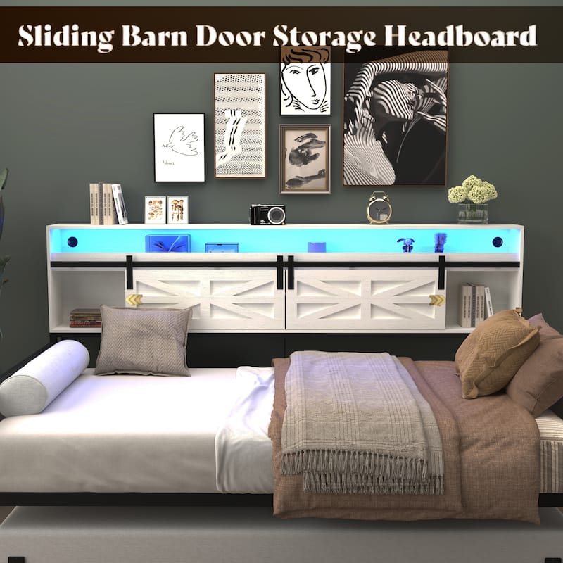 Twin Daybed with Trundle, Farmhouse Daybed Frame with Sliding Barn Door Headboard and Charging Station & LED Light