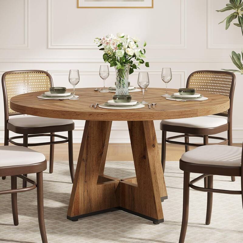 47" Round Wood Dining Table 4-Seater Farmhouse with Wooden Tabletop Cross Base for Dining Room/Kitchen